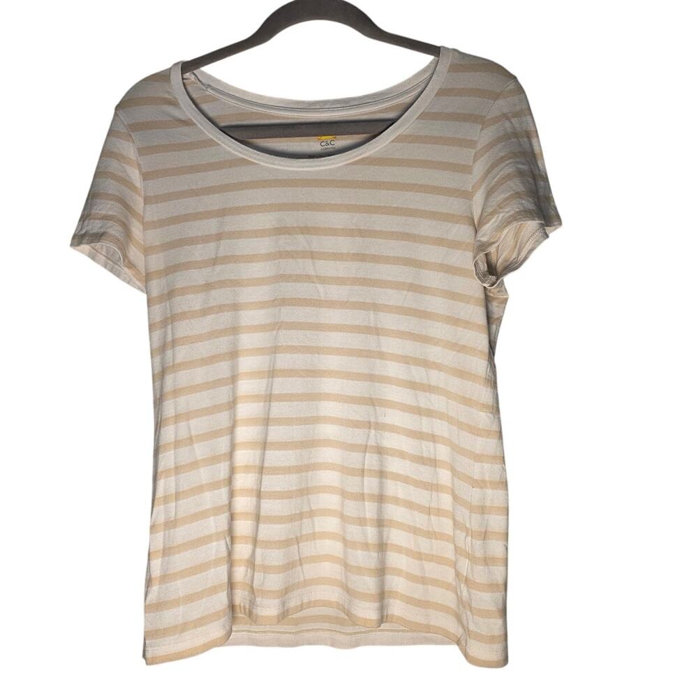 Women's Medium Yellow White Striped T Shirt Soft Casual Coastal Summer Tee